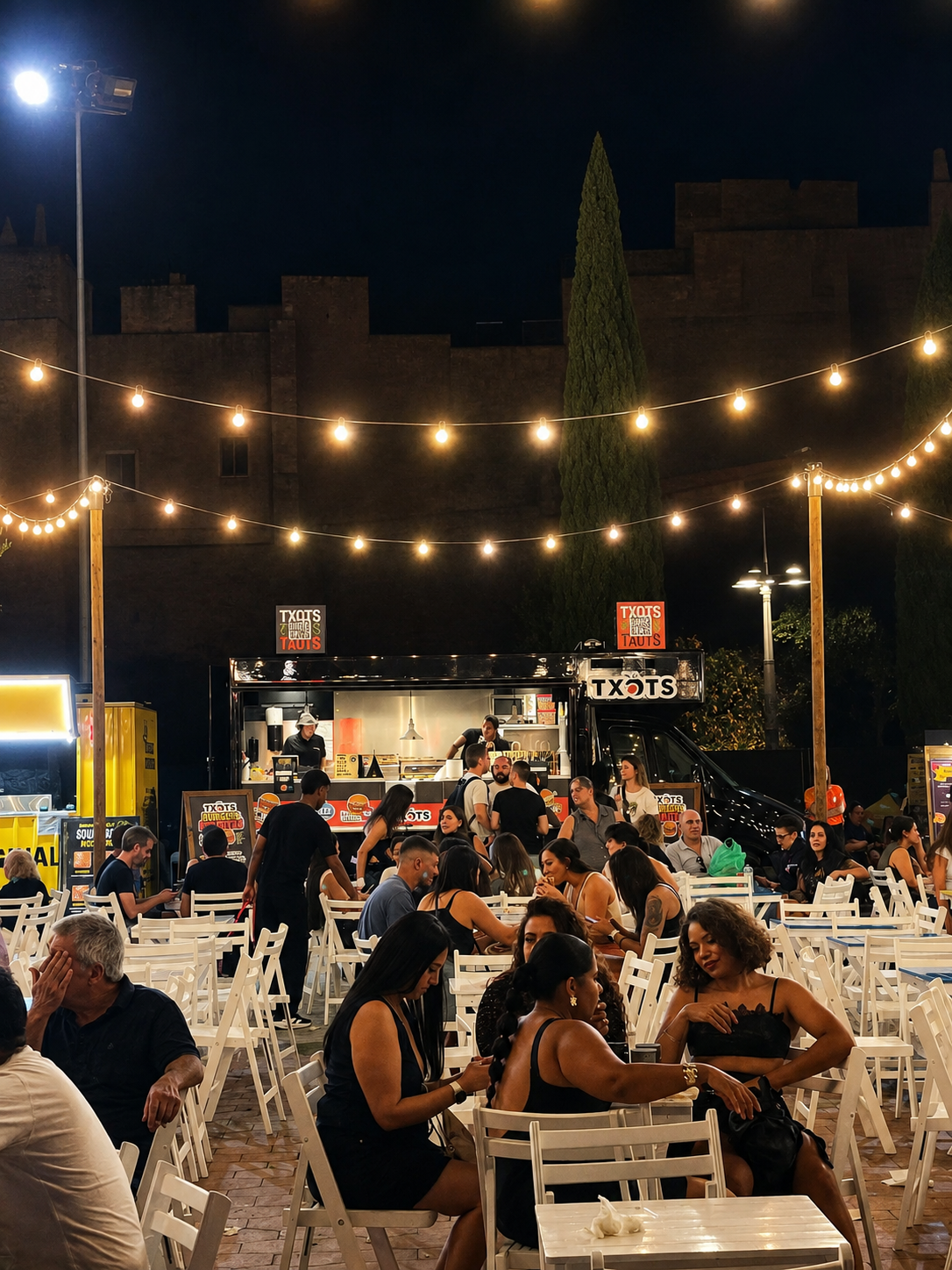 Foodtruck en ple servei nocturn amb clients a les taules